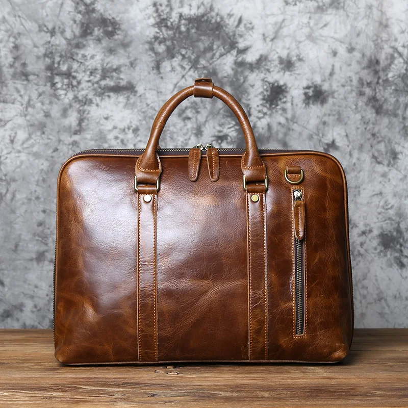 NZPJ Vintage handgefertigte Leder Herrenhandtasche Oberschicht Rindsleder Große Kapazität Business Computertasche Herren Schulter Diagonaltasche – Detail 22