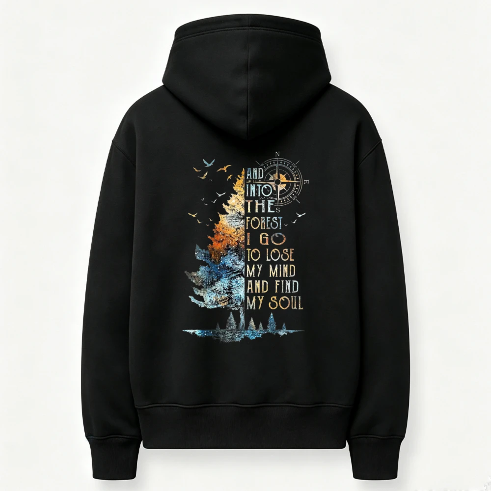 And Into The Forest I Go Quote Compass Pine Tree Birds Graphic Hoodie Front Print Sweatshirt Vintage Wilderness Hiking Hooded
