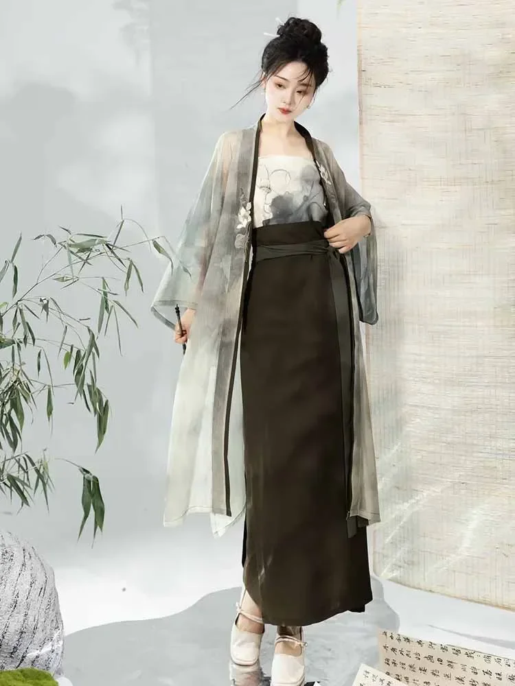 Modernized Chinese Ancient Hanfu Dress Women Party Outfit 2024 Summer Printed Short-sleeved Cardigan Wrap Skirt 3pcs Sets Hanfu