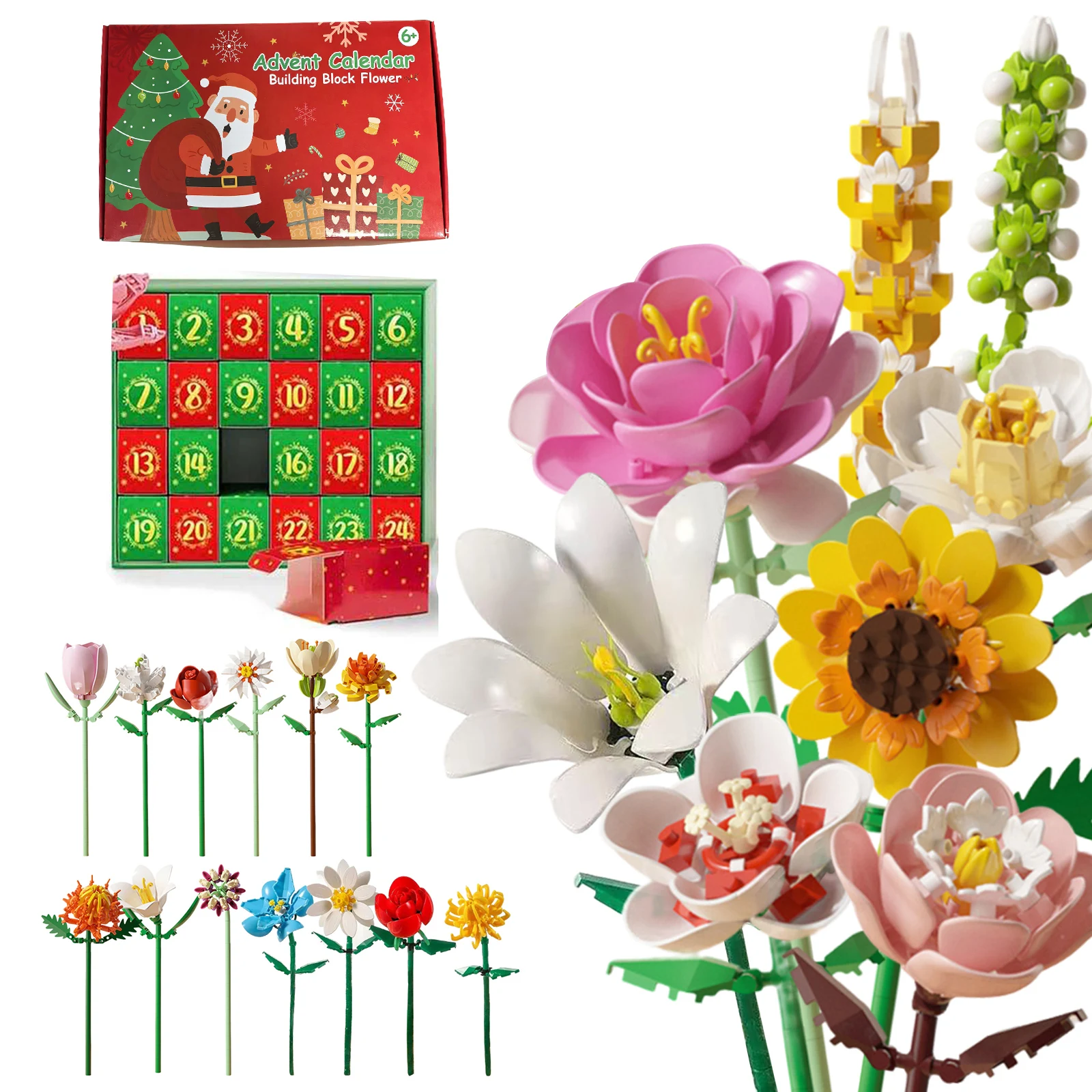 

Christmas Countdown Calendar Flower Bouquet Building Blocks 24Days Advent Calendar DIY Artificial Botanical Home Decor Xmas Gift