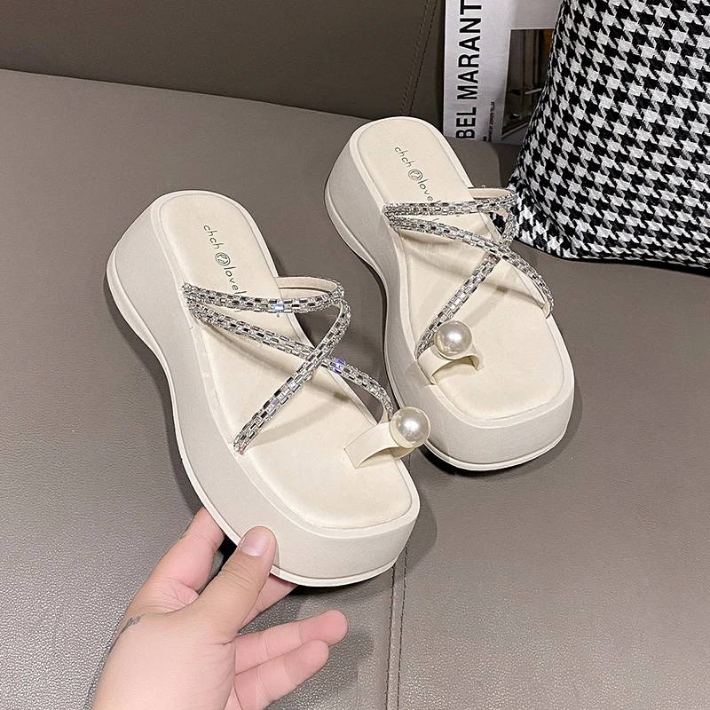 Women's Rhinestone Crisscross Platform Slide Sandals, Fashion Round Open Toe Summer Shoes, Casual Outdoor Beach Slides