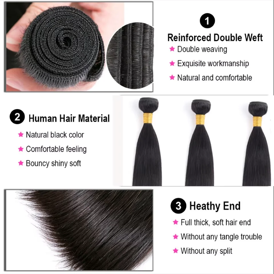 Rambut Manusia Bone Straight 30 Inch, Bundel 16A Hitam Alami 100% Rambut Asli Remy Raw, Ekstensi Rambut Brazilian