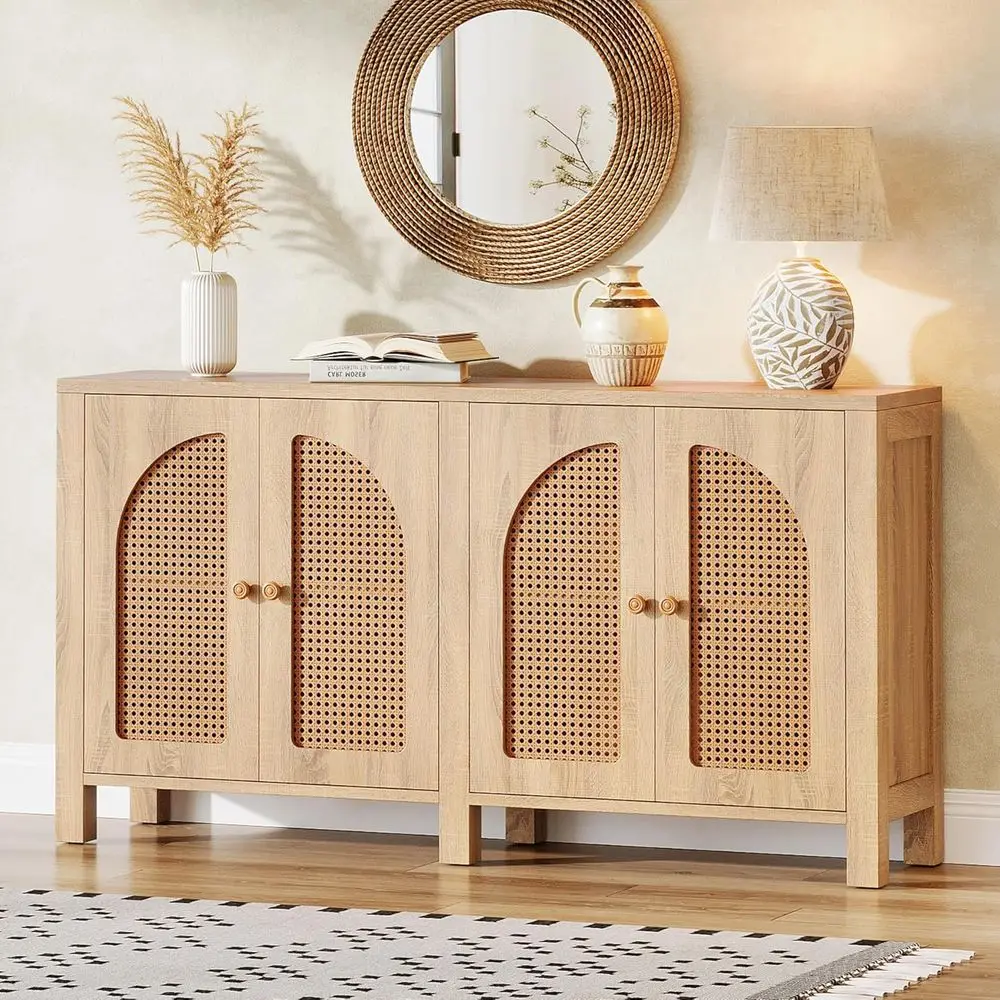 

4-Door Rattan Storage Accent Cabinet with Adjustable Shelves, Ideal for Living Room, Kitchen, or Entryway