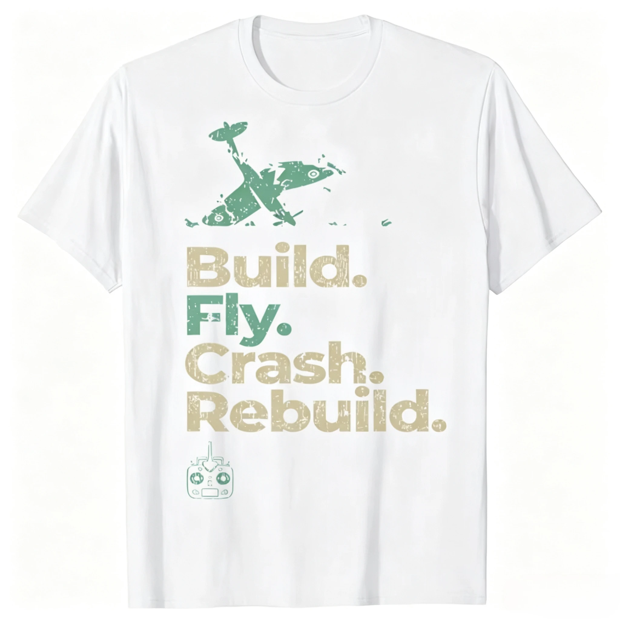 Vintage Distressed Black T Shirt Build Fly Crash Rebuild RC Plane Crashed Aircraft Remote Controller Front Print Hobby Pilot