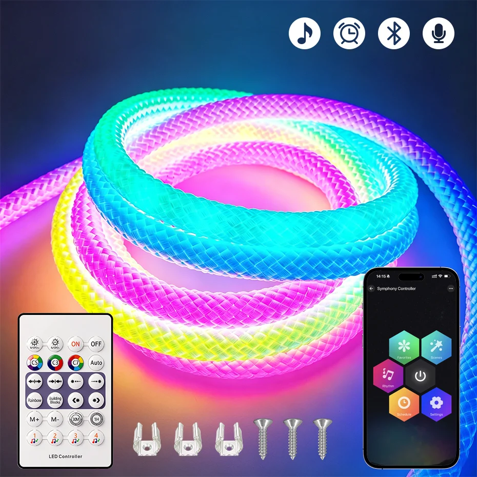 1m-5m 360 Degree Round Reticulate LED Strip 5V USB RGBIC 67LEDs/m Waterproof IP67 Flexible Neon Light with Remote APP Control