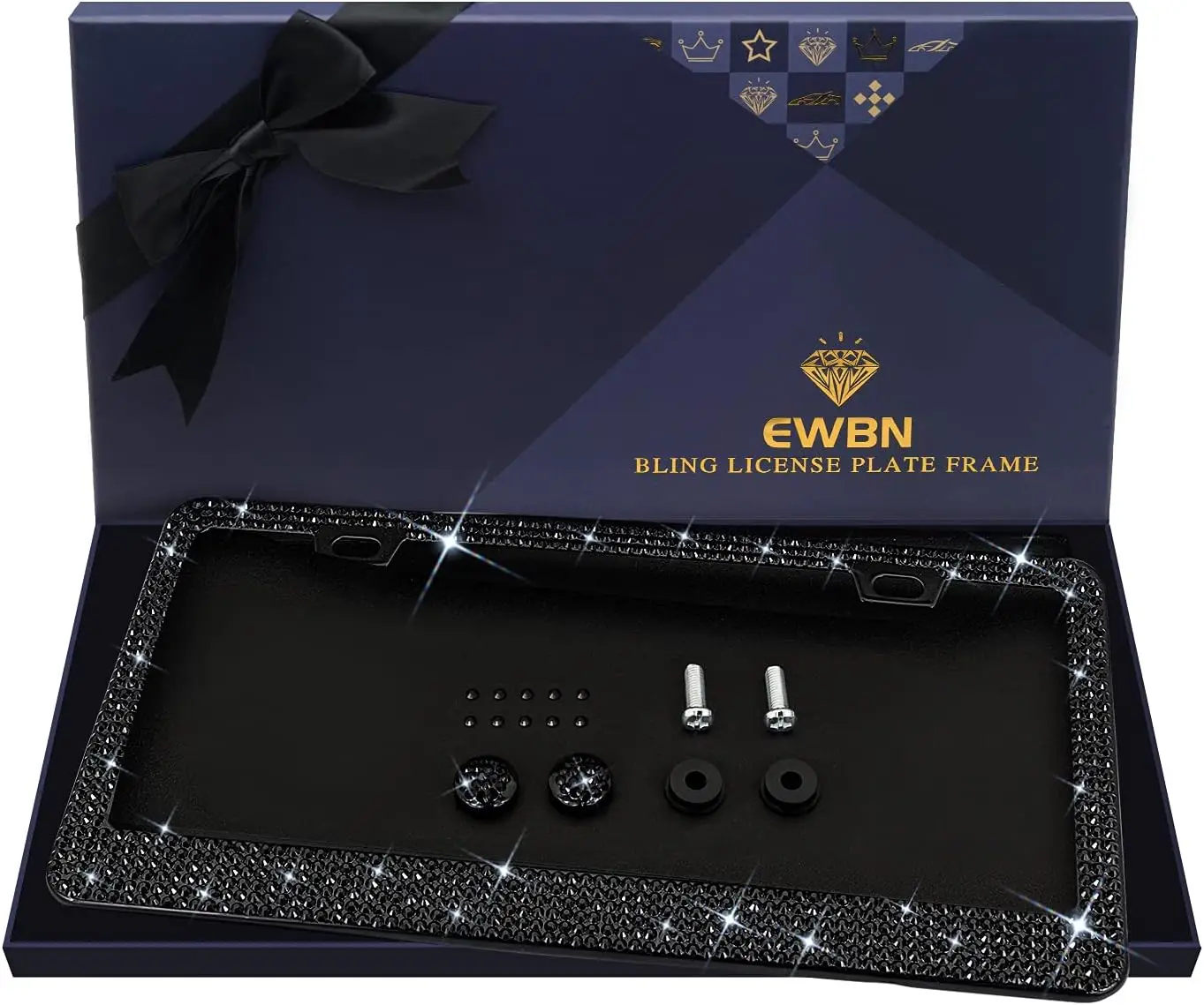 

Рамка для номерного знака с блестящими стразами, более 1200 черных стеклянных кристаллов, нержавеющая сталь и подарочная коробка