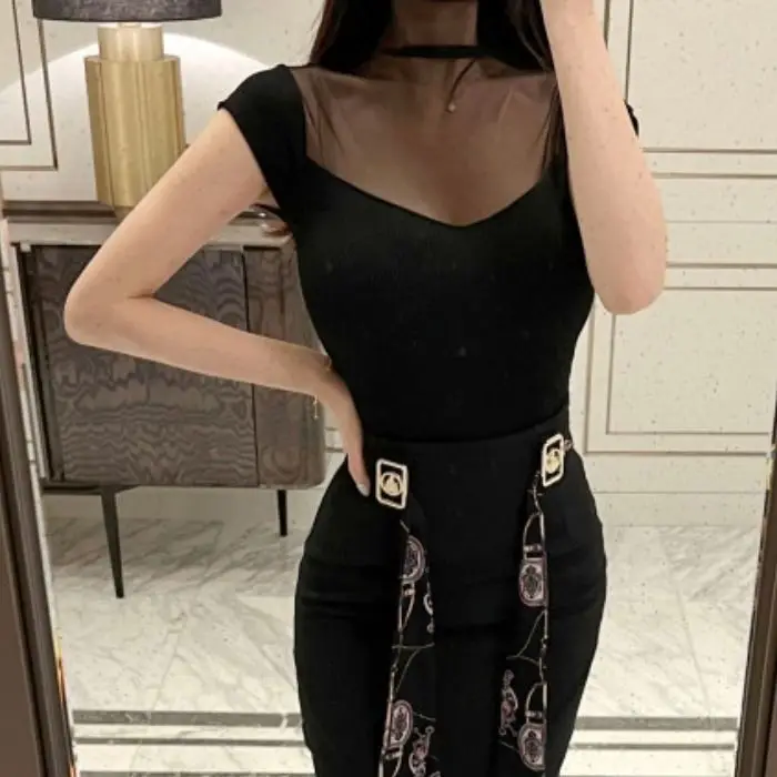 2026 Top primavera estate per donna manica corta colletto alto maglia patchwork camicia lavorata a maglia maglietta corta sexy sottile