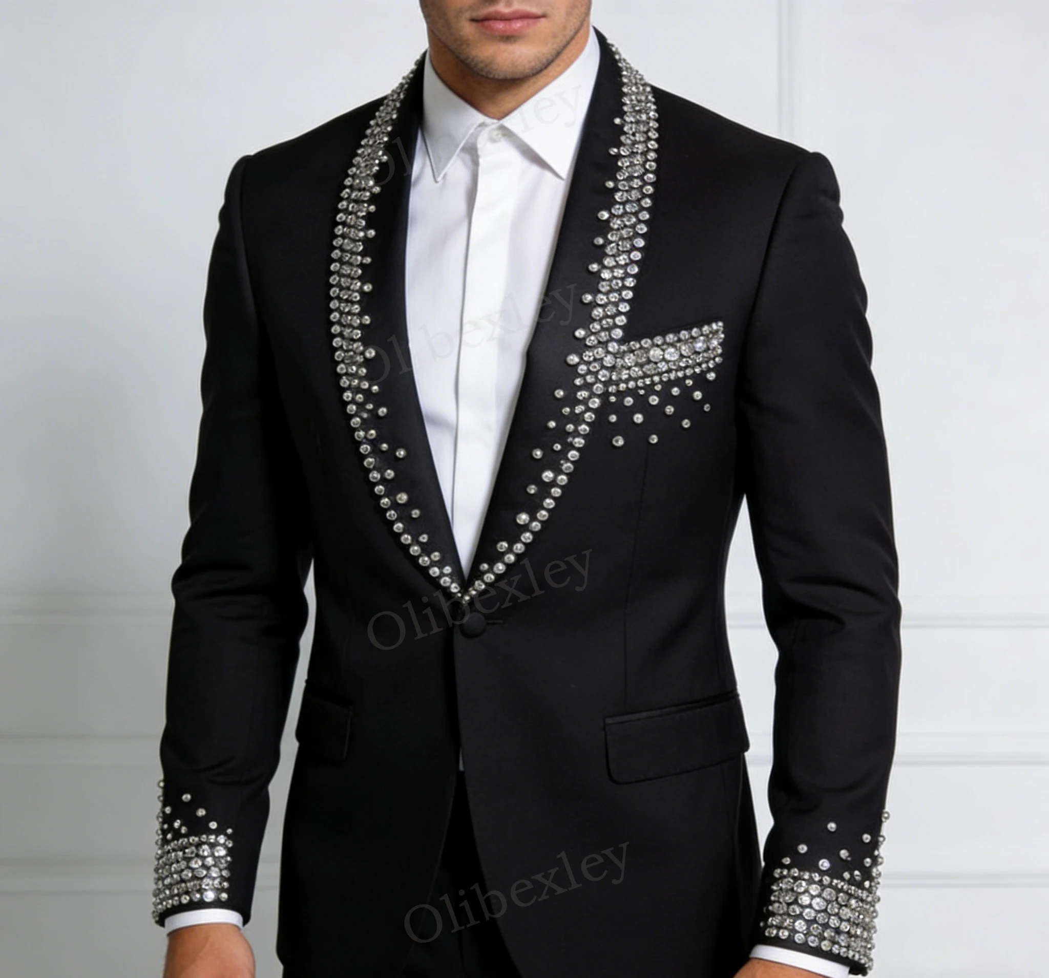 

Luxury Men's Suits Black Slim Fit Tuxedo 2 Piece Set Beaded Crystals One Button Wedding Groom Prom High Quality Suits