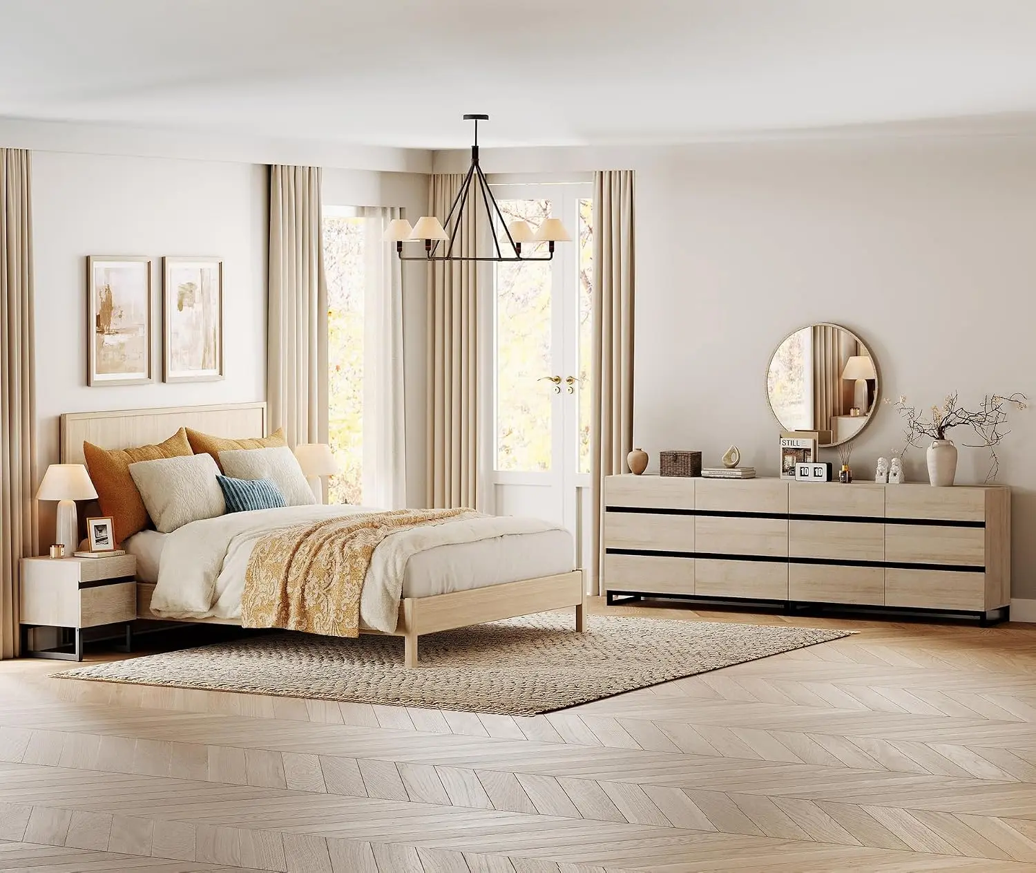 Modern Bedroom Furniture Set 94.5-Inch 12-Drawer Dresser & 2 Nightstands with 2 Drawers Side Tables Beige, Customized