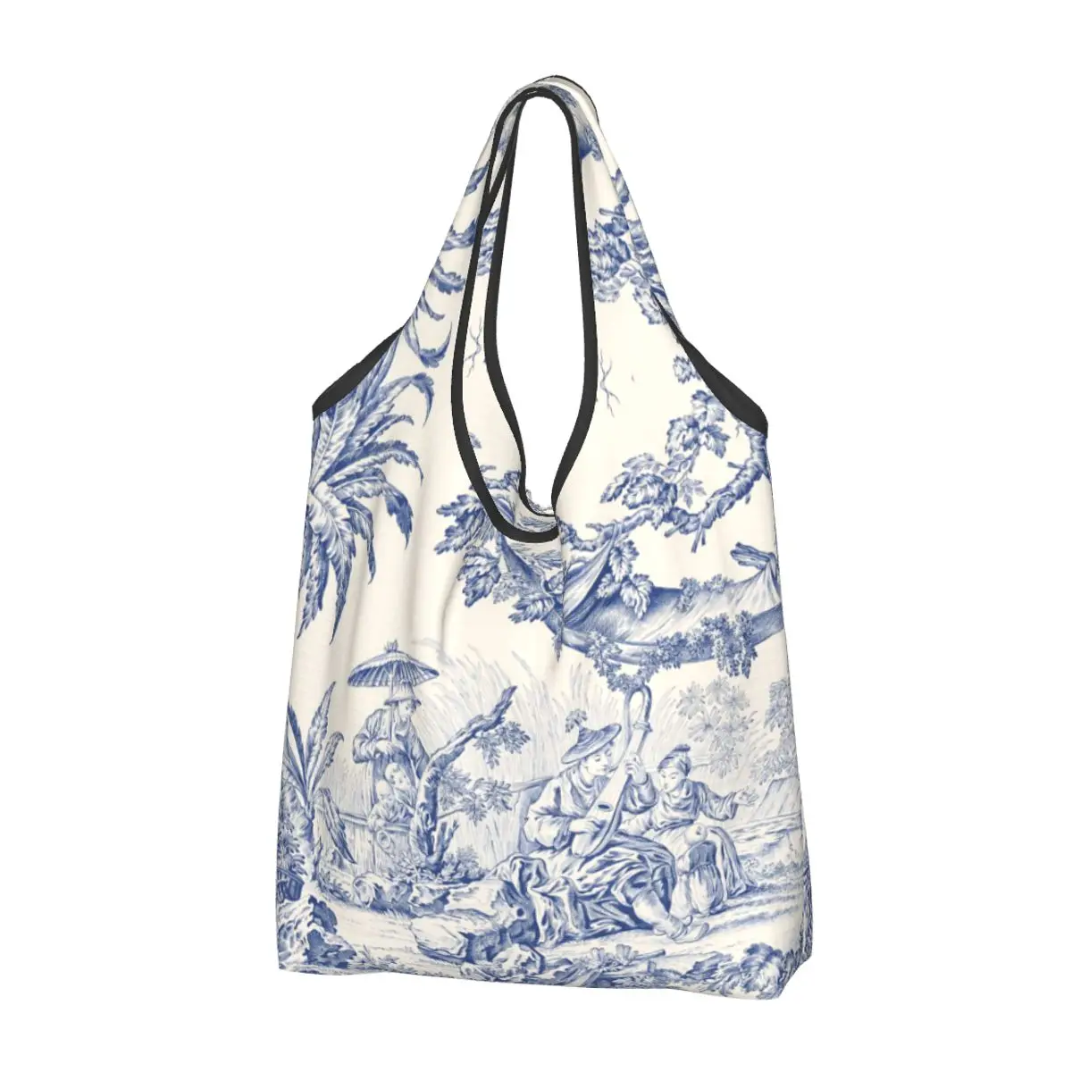 

French Toile De Jouy Navy Blue Motif Pattern Grocery Shopping Bag Cute Shopper Tote Shoulder Bags Portable Handbag