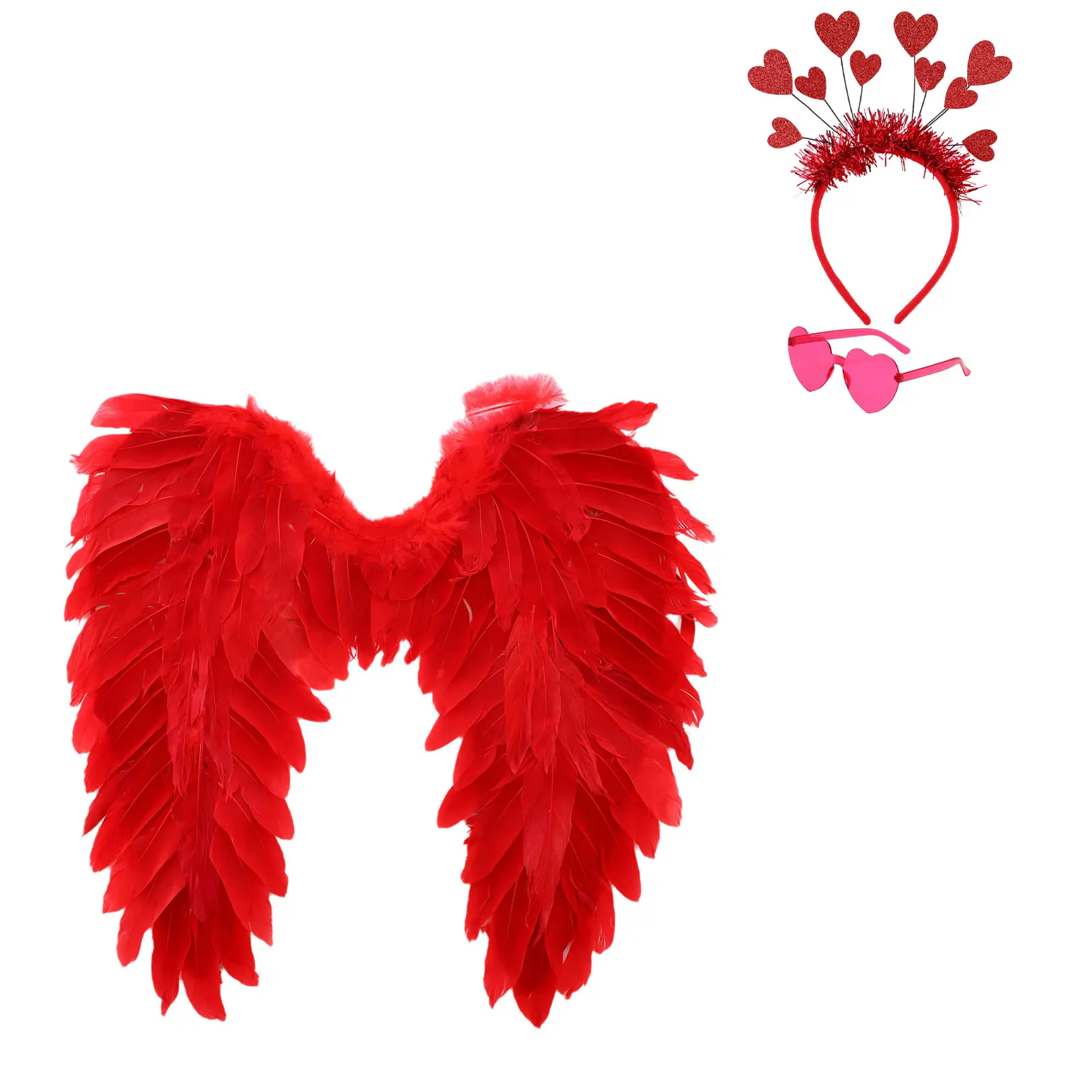 3 uds. Accesorios de vestir para el Día de San Valentín alas de Ángel de plumas correas elásticas para los hombros alas + diademas + conjunto de gafas de sol con forma de corazón