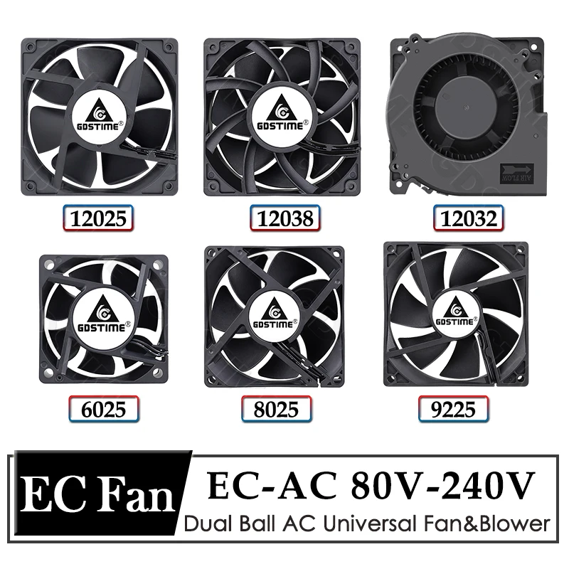 Gdstime Fan 230V 220V 240V Ventilator EC Fan 60mm 80mm 120mm Cabinet Fan Dual Ball Axial Exhaust Housing Fan for PC CPU Cooling