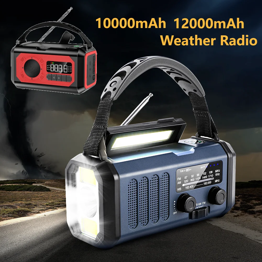 10000-12000mAh Weather Radio with Solar Panel Hand Crank Portable Emergency Radio Flashlight Reading Lamp Power Bank SOS Alarm