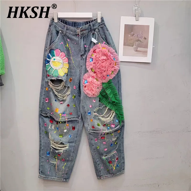 HKSH Spring Summer New Women Ins Chic High Street Three-dimensional Flower Diamonds Jeans Casual Elastic Waist Long Pants HK5965