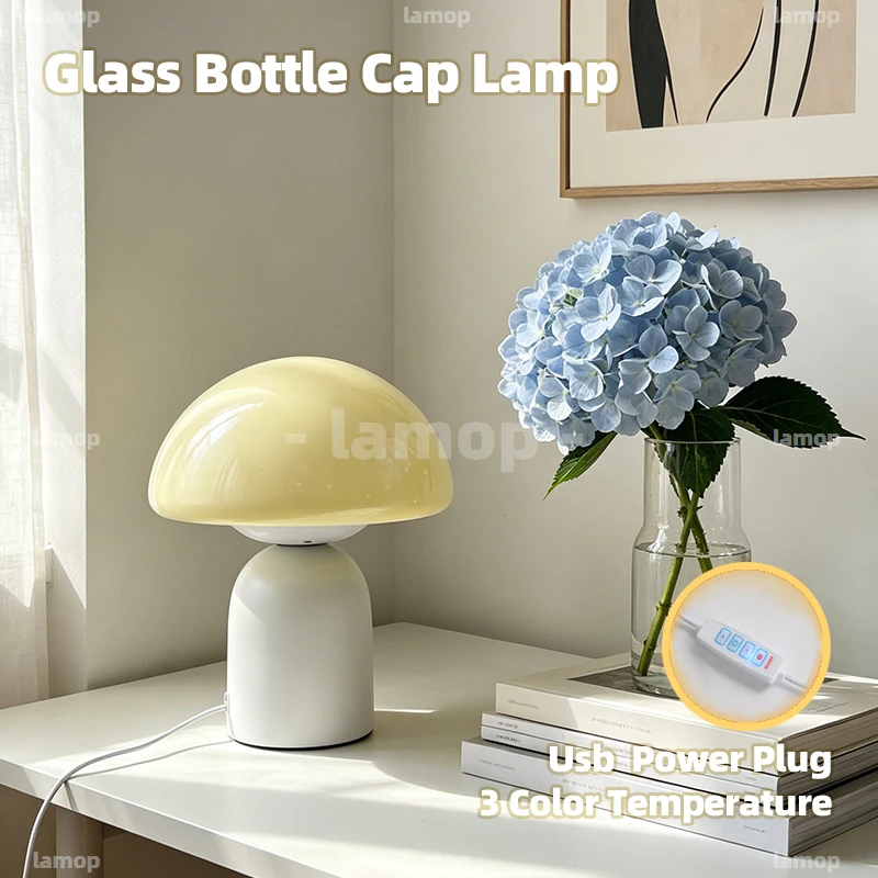 Glass Warm‑Halo Bulging‑Cap Canopy Jar‑Type Base Table Lamp Academic‑Campus Casual 3 Tone Mellow Aura Dorm Desktop Shelf Decor