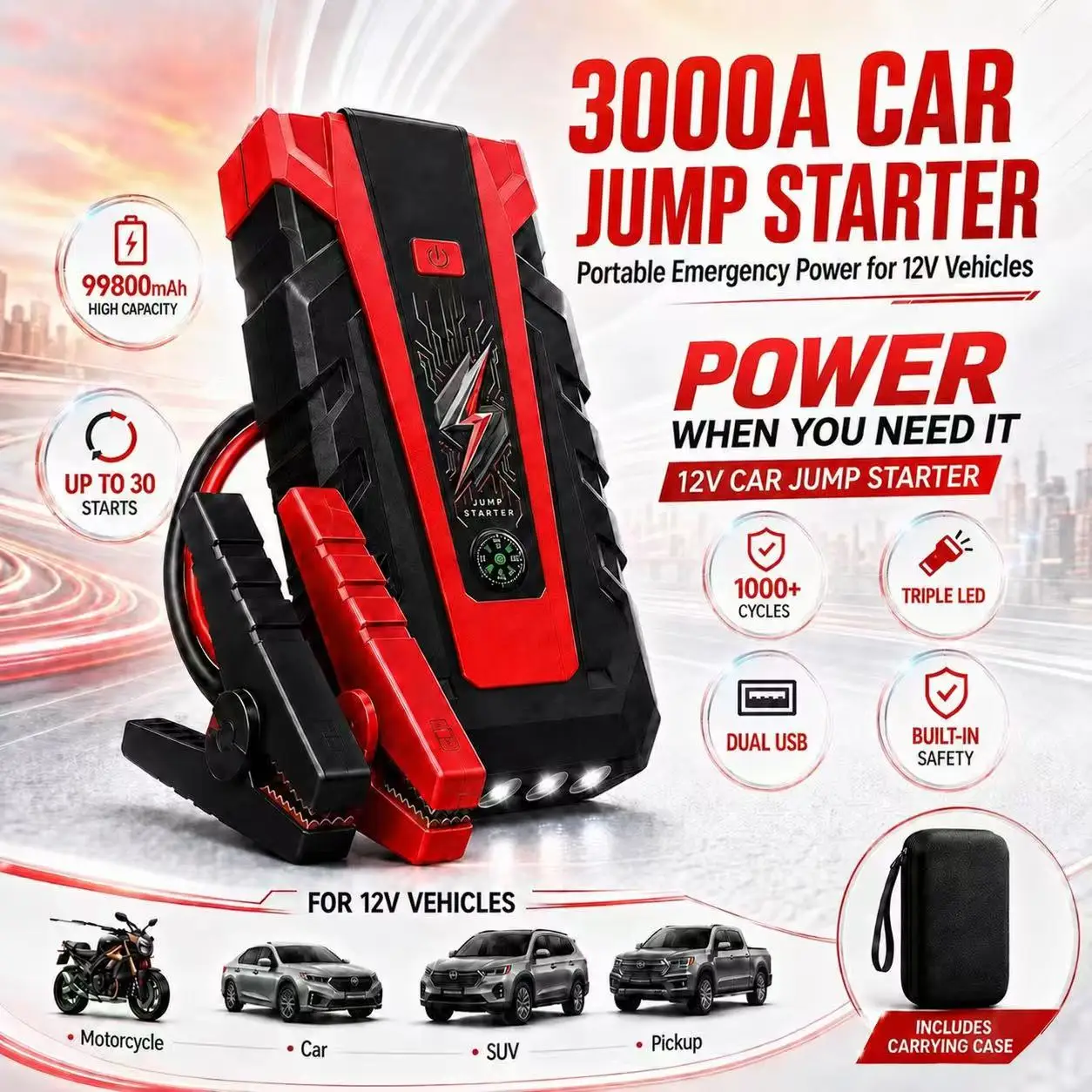 12V 3000A Car Battery Jump Starter Portable Charger Car Booster Auto Starting Device Emergency Starter Fast Charging