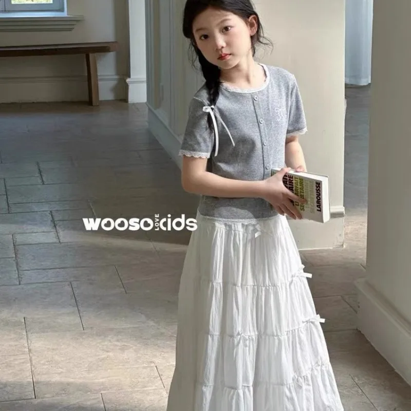 

Girls' Summer Set New Children's Lace Bow Short Sleeve T-shirt Half Skirt Two Piece Set Summer Dress