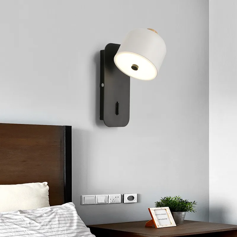 

Nordic Rotary Bedside Wall Lamp With Switch Black White Modern Home Decor Kitchen Corridor LED Read Swivel Sconce Lights Fixture