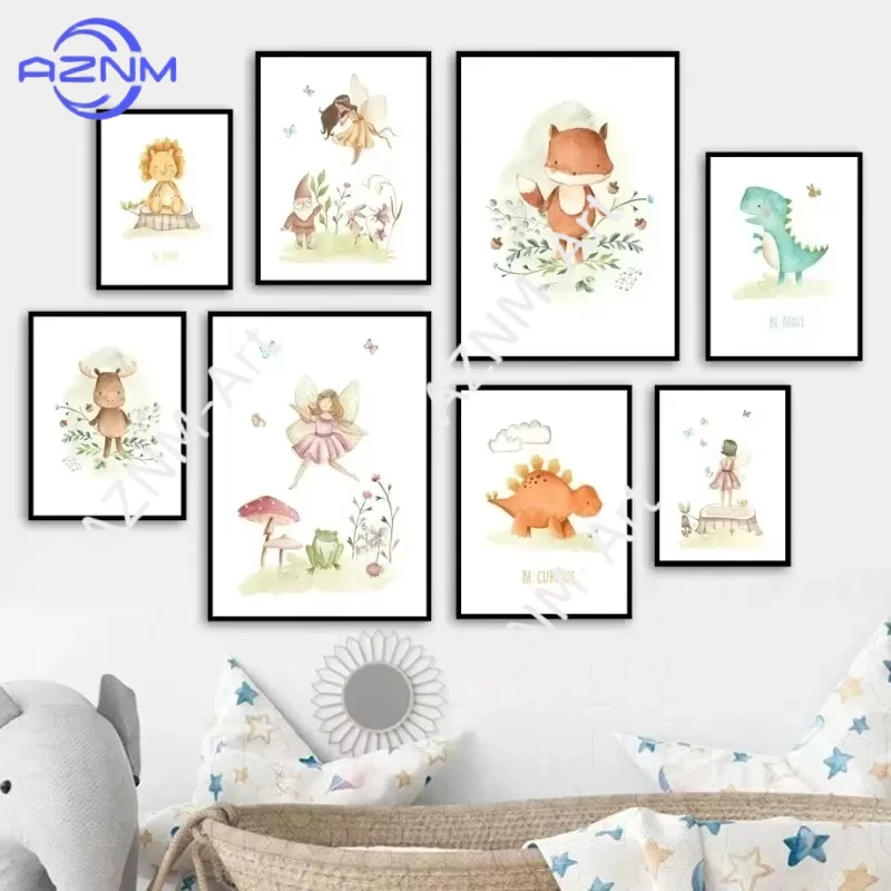 1pc Canvas Painting Fairy Flower Dinosaur Fox Deer Nursery Wall Art Nordic Posters And Print Wall Pictures Baby Room Home Decor