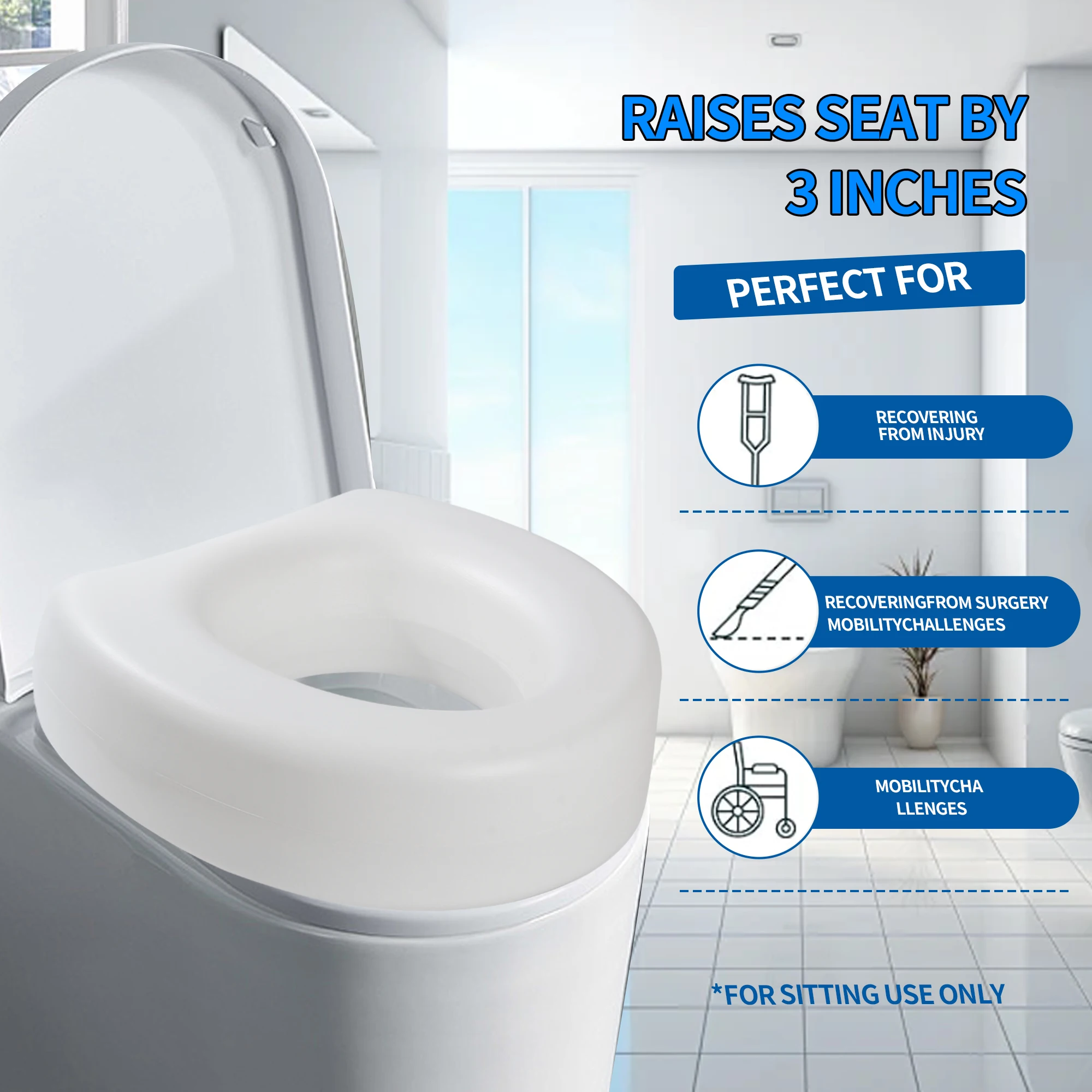 Toilet Seat Riser,3 Inch, Toilet Seat Risers for Seniors, Raised Toilet Seat, Slip-Resistant, Toilet Riser, Elevated Toilet Seat