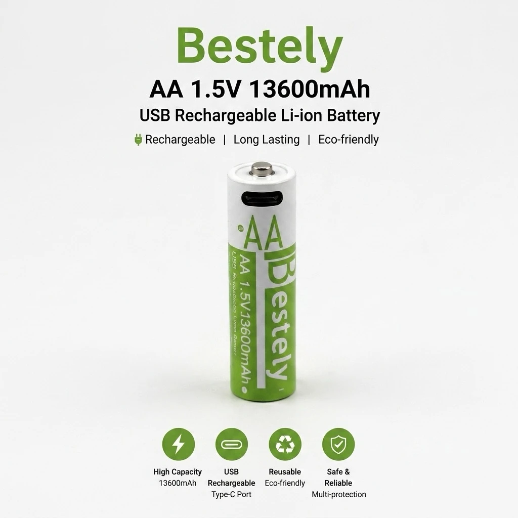 1.5V 13600mAh USB AA Lithium ion Rechargeable Battery, Fast 