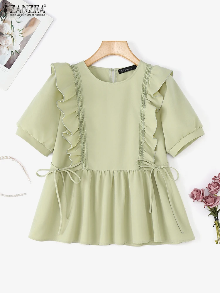 

ZANZEA 2025 Lace-Up Tops Women Bow Blouse Casual OL Work Tunic Fashion O-Neck Solid Color Pleated Pullover Summer S-3XL