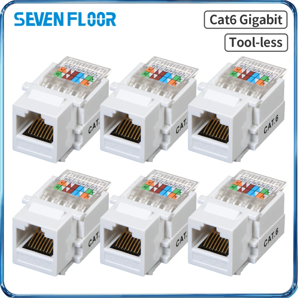 6 Pack Toolless RJ45 Keystone Jack Cat6 90 Degree Unshielded Network Module White No Punch Down Ethernet Wall Jack