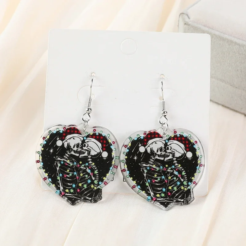 1Pair Christmas Drop Earrings Creative Acrylic Skull Lover For Woman Girl Holiday Birthday Gift