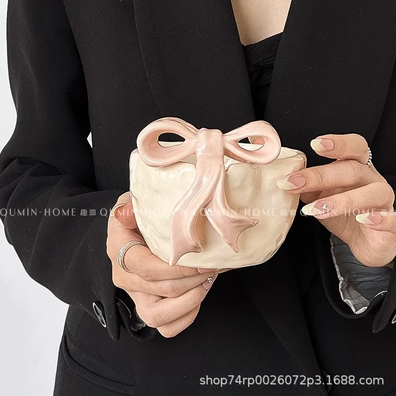 Girly heart cute bow ceramic bowl especially beautiful eating bowl exquisite household creative dessert bowl