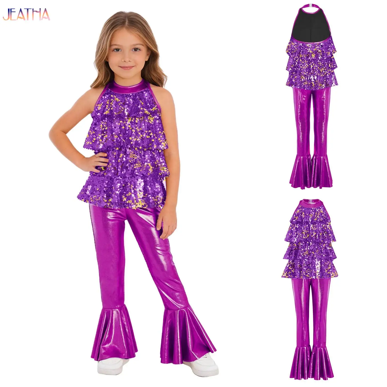 

Kids Bell-Bottom Bodysuit Jumpsuit Shiny Sequins Girls Sleeveless Unitard Hip Hop Stage Performance Street Jazz Dance Clothes