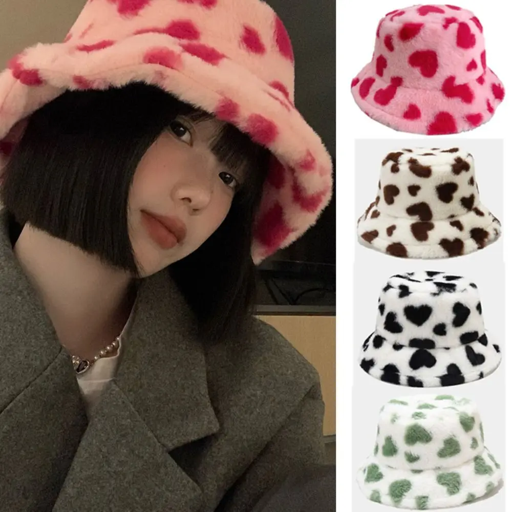 Korea Pink Wool Bucket Hats Women Autumn Winter Thickened Warm Love Heart Basin Hat Female Ins Caring Plush Fisherman Hat Gifts