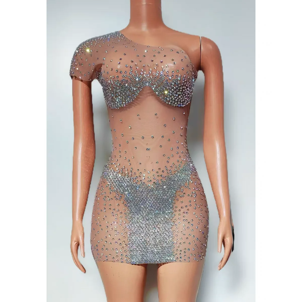 나이트 클럽 DJ 바 여성 가수 무대 의상 섹시한 전체 다이아몬드 관점 싱글 숄더 스커트 댄스 팀 파티 테마 쇼