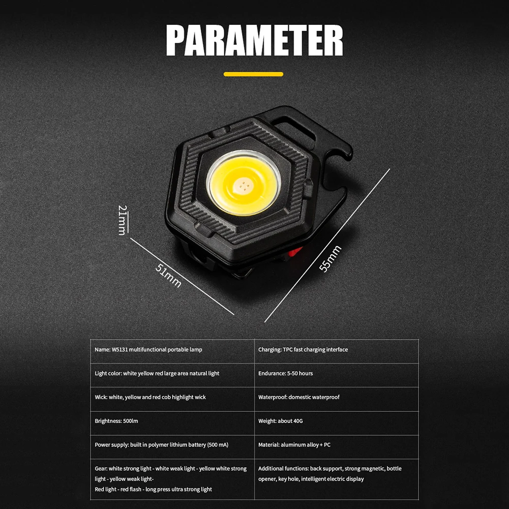 COB LED Schlüsselanhänger Licht Mini 500LM Schlüsselanhänger Taschenlampe Lampe Typ-C USB Lade Flaschenöffner IPX4 Power Display mit Haken für Camping