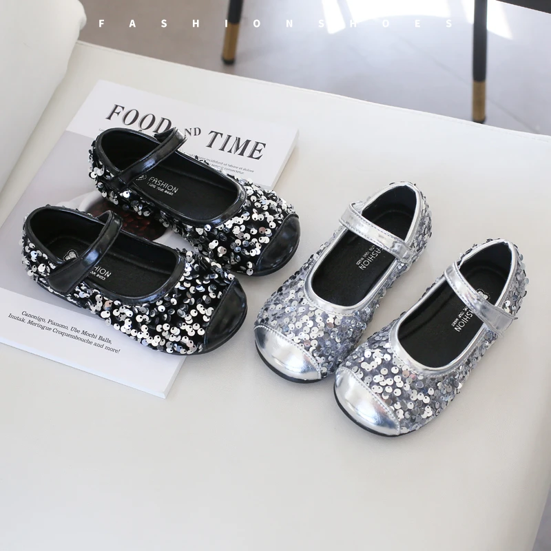 High Quality Twinkling Baby Flats Patch Black Silver Autumn Spring Autumn Dress Shoes For First Birthday For Little Princess