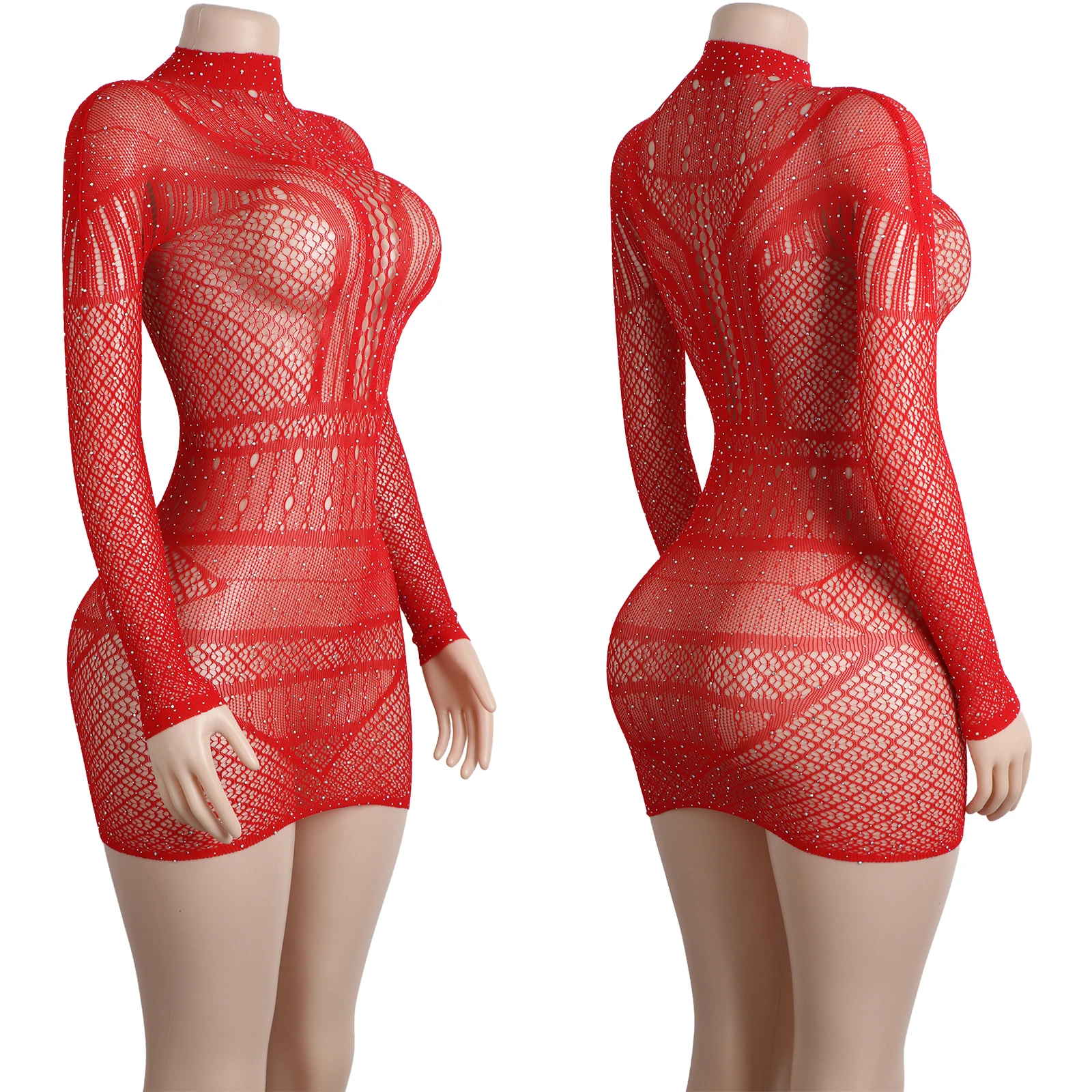 

Exotic Dancewear Outfit Dress Rhinestone Mesh Sleeve Skirt Sexy Clubwear Performance Lingerie Stage Bodysuit One-Piece Costume