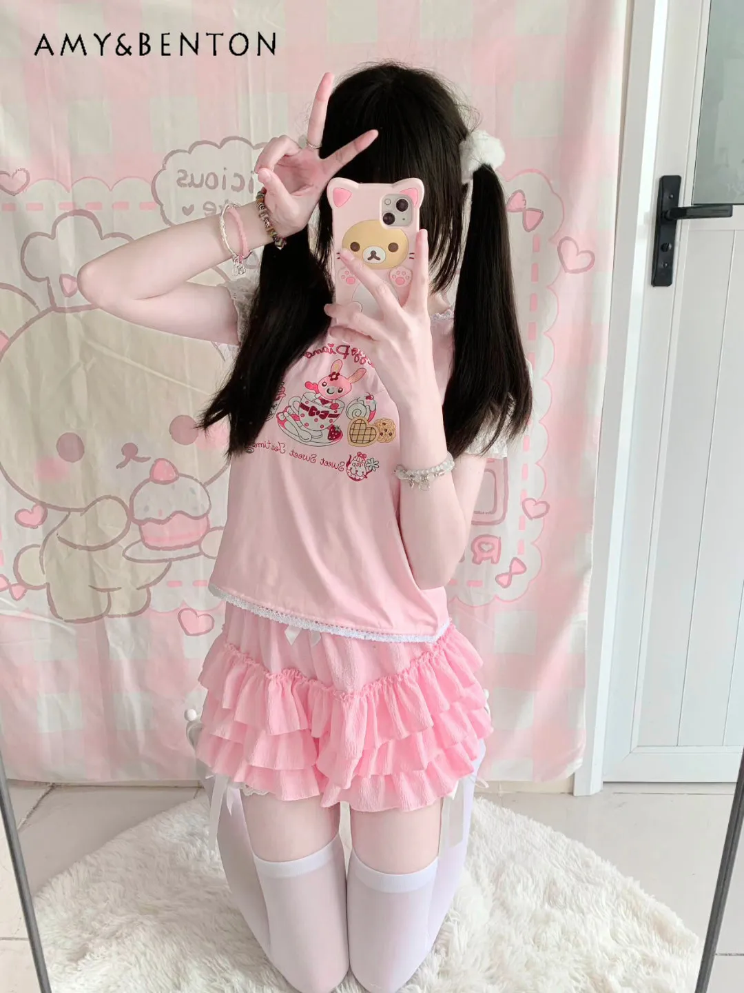 

Summer Japanese Style Soft Girl Cute Cartoon Print Short Sleeve T-Shirt Daughter Outfit Pink Cake Short Skirt Two-Piece Set