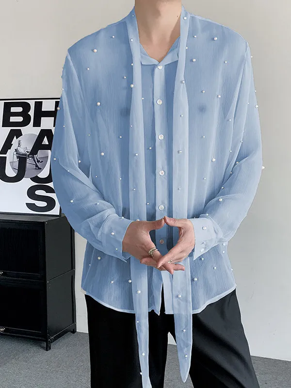 

Handmade Beaded V-Neck Long Sleeve Translucent Shirt Neutral Style Sun Protection Travel Outerwear for Men And Women