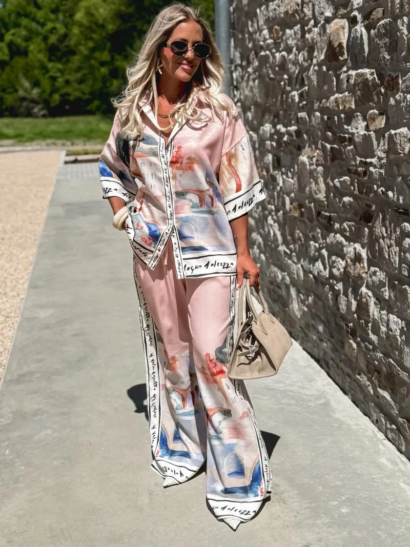 2 PCS Set Pijamas Women Elegant Printed Half Sleeves Shirt Tops Suits Sleepwear Casual Loose Wide Leg Pants Sets Костюм Женский