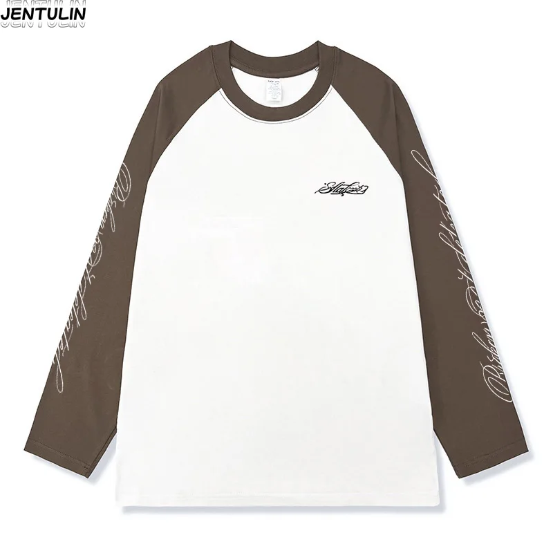 Harajuku American Retro Washed Splice Letter Garbage Printed Long Sleeved T-shirt Casual Loose Street Style Y2k Top Street Wear