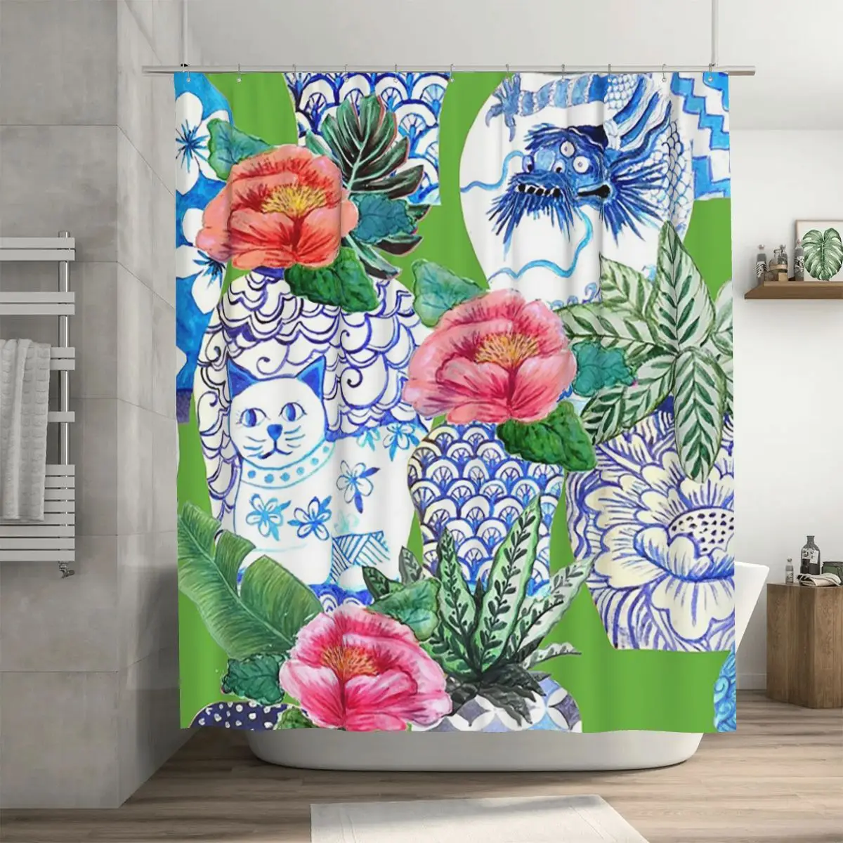 

Blue And White Chinese Ginger Jars On Green, Emerald Green Chinoiserie Shower Curtain Bathroom Bath Curtains with Hooks