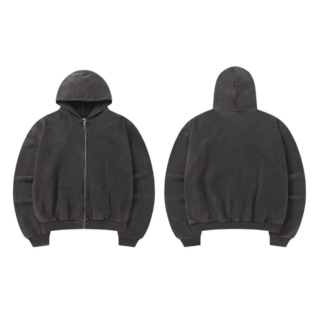 Unisex Vintage Washed Full Zip Hoodie Oversized Fleece Hooded Jacket Casual Streetwear Fall Winter Sweatshirt with Kangaroo Pock