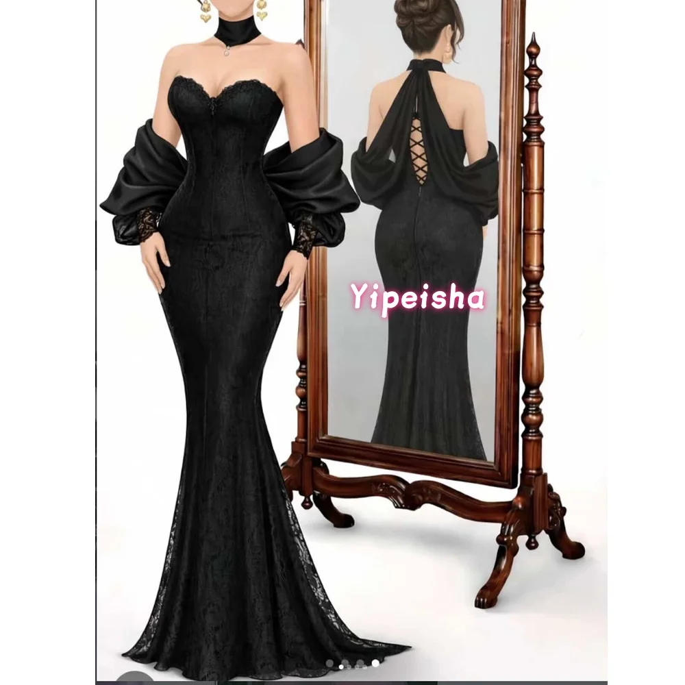 

Customized Elegant Black Lace Evening Dresses Formal Occasion Halter Bubble Sleeve Sheath Sexy Prom Dress for Women