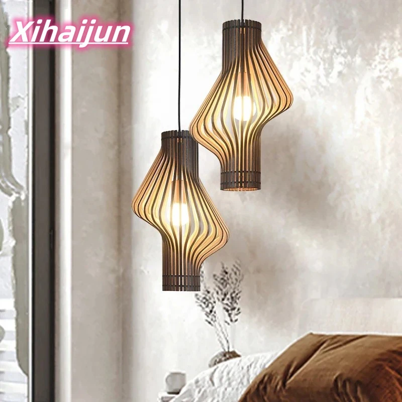 

Creative Curved Solid Wood Artistic Light and Shadow LED Pendant Lamp Nordic Bed and Breakfast Restaurant Bedroom Bedside Lamp
