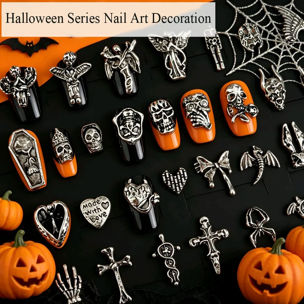 10pcs/bag Nail Accessories Halloween Series Metal Nail Decoration Cross Skull Dark Style Nail Art