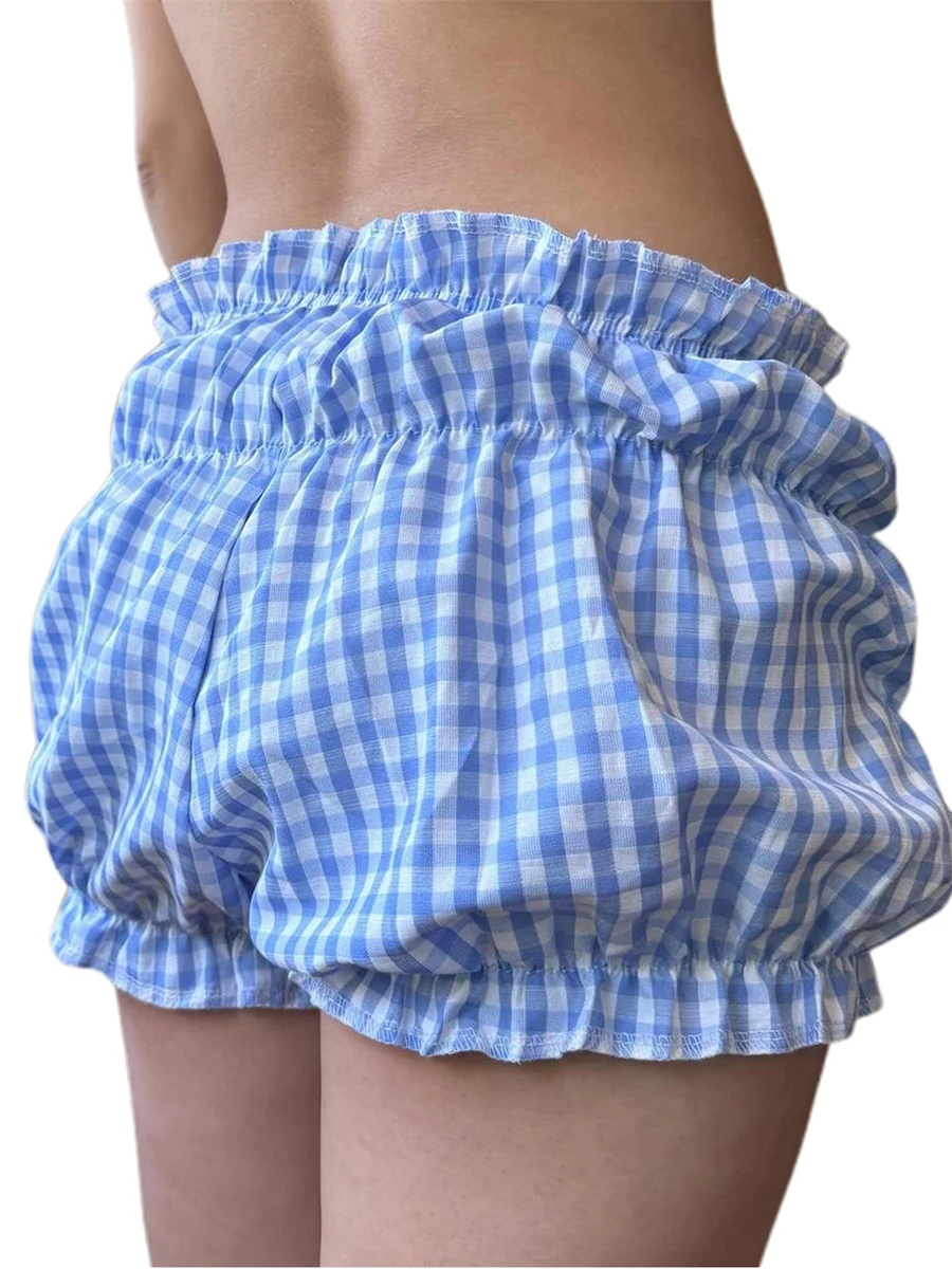 Women’s Plaid Print Bloomers Elastic Low Waist Ruched Lounge Shorts Lolita Pajama Bottoms