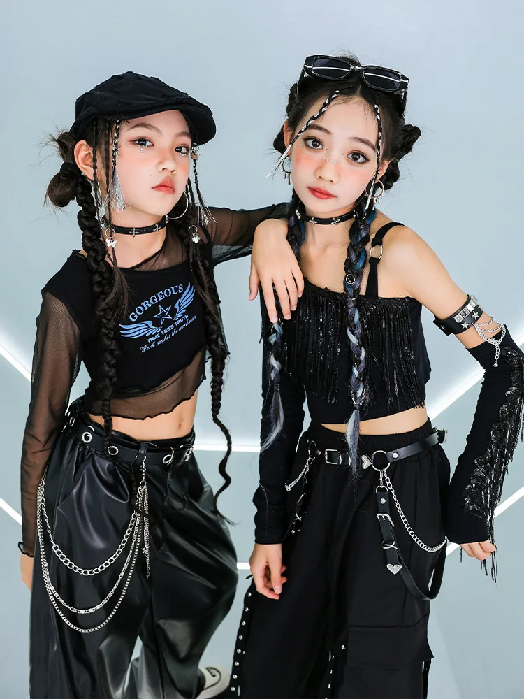 الفتيات شبكة قمم السراويل فضفاضة وتتسابق الهيب هوب الرقص أداء المرحلة ارتداء الأطفال أزياء رقص الجاز الحديثة #4