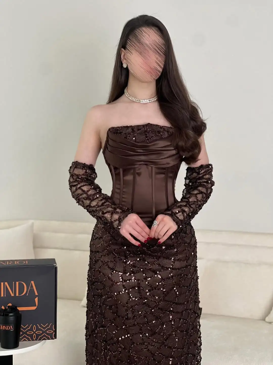 

Luxury Trend Mermaid Strapless Sheer Sleeve Fishbone Pleated Corset Sequins Satin Fabric Slim Evening Prom Formal Party Dress