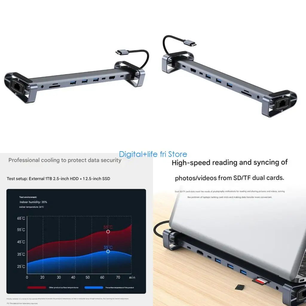 E06D 10 in 1 Foldable Laptop Stand USB C Adapter Headphone Speaker Connection Dongle Memory Card Reader Multiport for Laptop