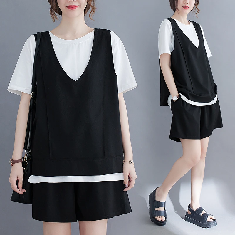 

Летняя свободная футболка больших размеров, жилет Faion, комплект футболок Sli orts для полных сестер, модный комплект Agel для похудения