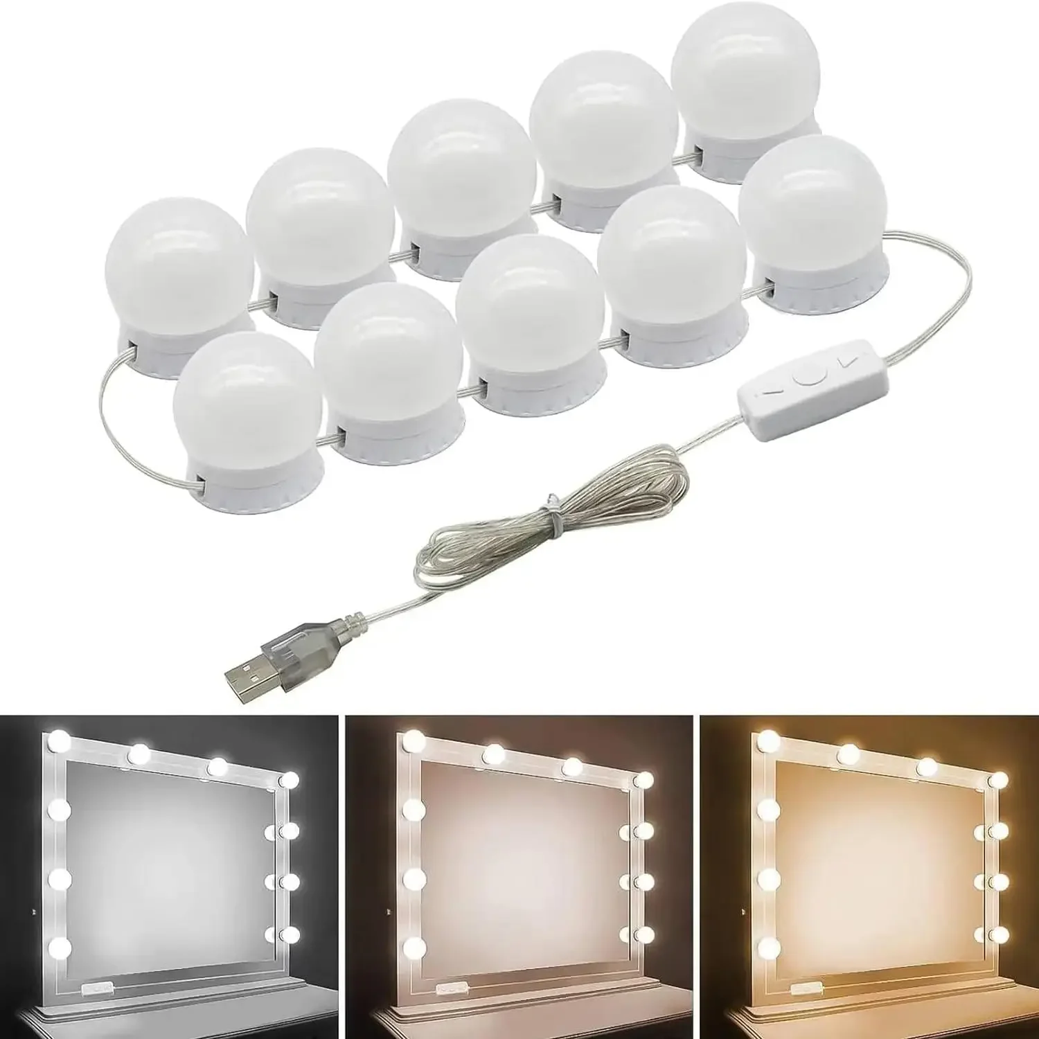 Vanity Lights Mirror Fill Light Adjustable 3 Color LED USB Cable Mirror Lights Wall Bulbs String for Makeup Table Dressing Room